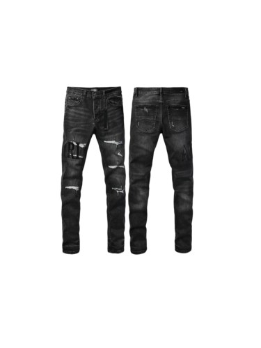 Amiri 1:1 quality version Wash Black Leather Letter Patch Mesh Underlay Frayed Ripped Jeans 29474963
