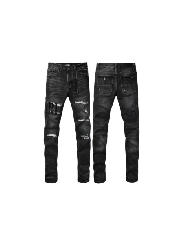 Amiri 1:1 quality version Wash Black Leather Letter Patch Mesh Underlay Frayed Ripped Jeans 29474963