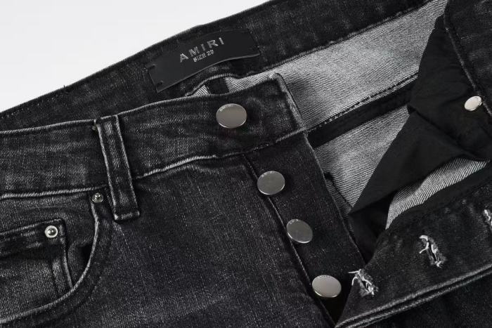 Amiri 1:1 quality version Wash Black Leather Letter Patch Mesh Underlay Frayed Ripped Jeans 29474963