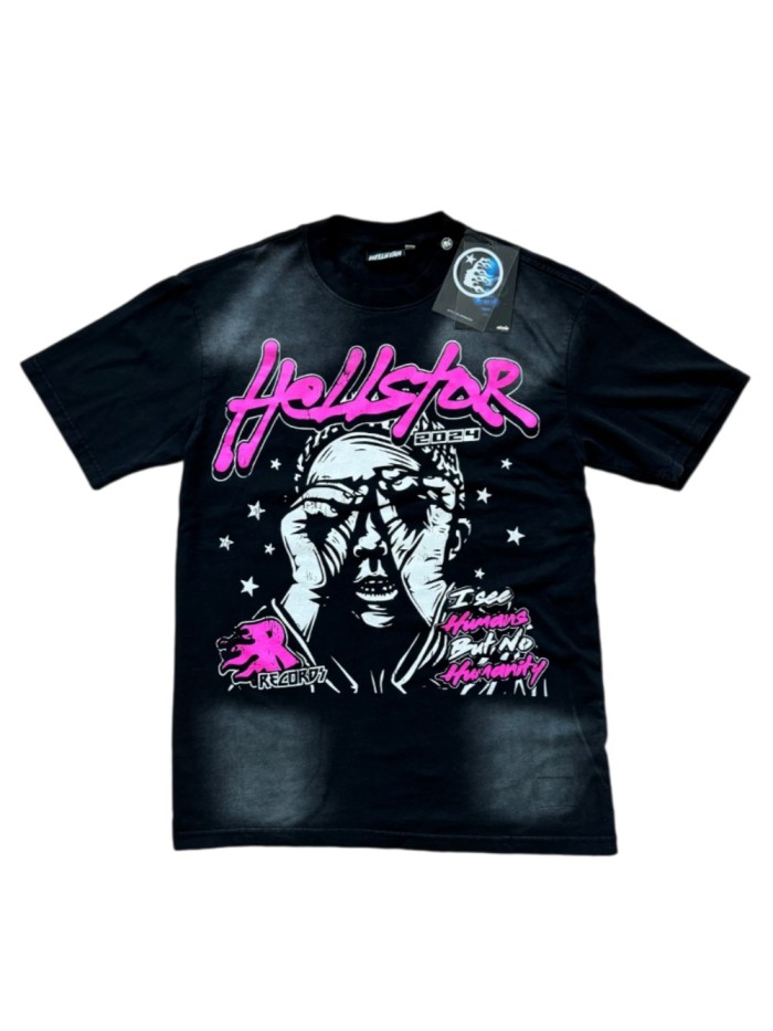 [50% Off]Hellstar Studio 2024 Hip Hop Portrait Slogan Printed Washed Version Tee & Shorts Set 26955060