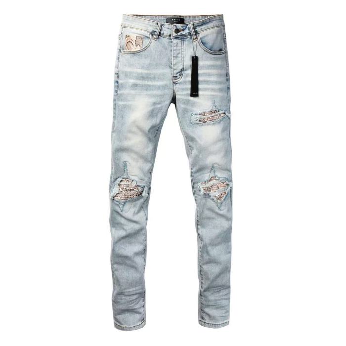 Amiri 1:1 quality version Heavy Wash Snakeskin Patch Frayed Ripped Skinny Denim Jeans 29474841