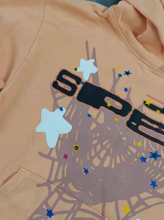 Sp5der 1:1 quality version Orange pink spider web star letters printed Hoodie & Pants Set