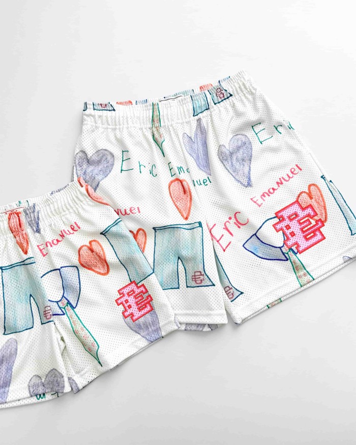 Eric Emanuel 1:1 quality version Hand Drawn Doodle Heart Letter Tie Print Mesh Athletic Shorts 29478038