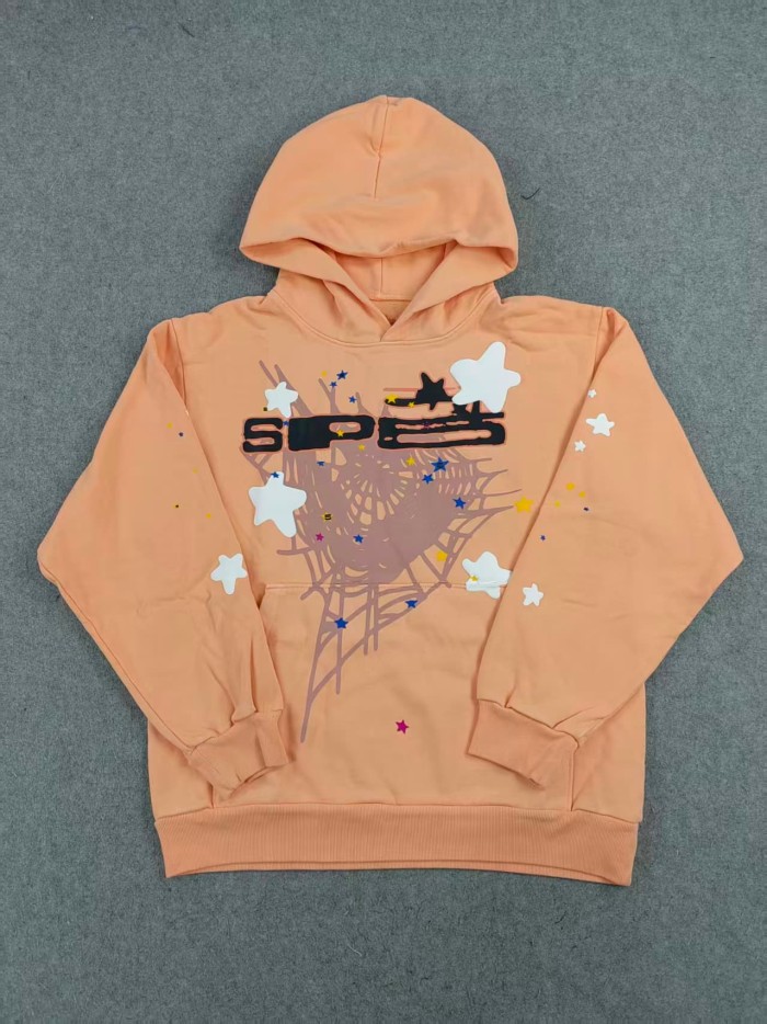 Sp5der 1:1 quality version Orange pink spider web star letters printed Hoodie & Pants Set