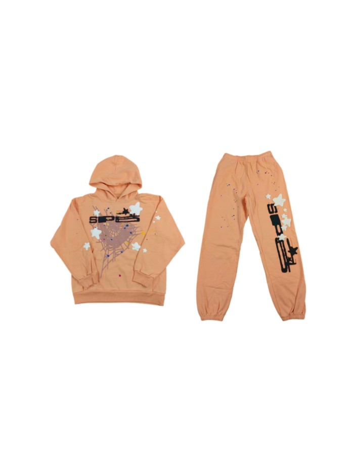 Sp5der 1:1 quality version Orange pink spider web star letters printed Hoodie & Pants Set