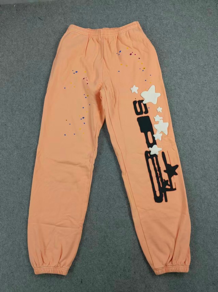 Sp5der 1:1 quality version Orange pink spider web star letters printed Hoodie & Pants Set