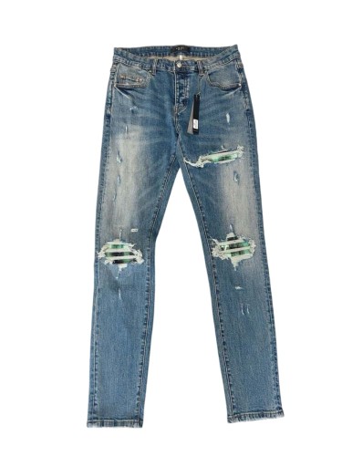 [50% Off]Amiri 1:1 quality version Gradient Black Green Patch Ripped Jeans 27126436