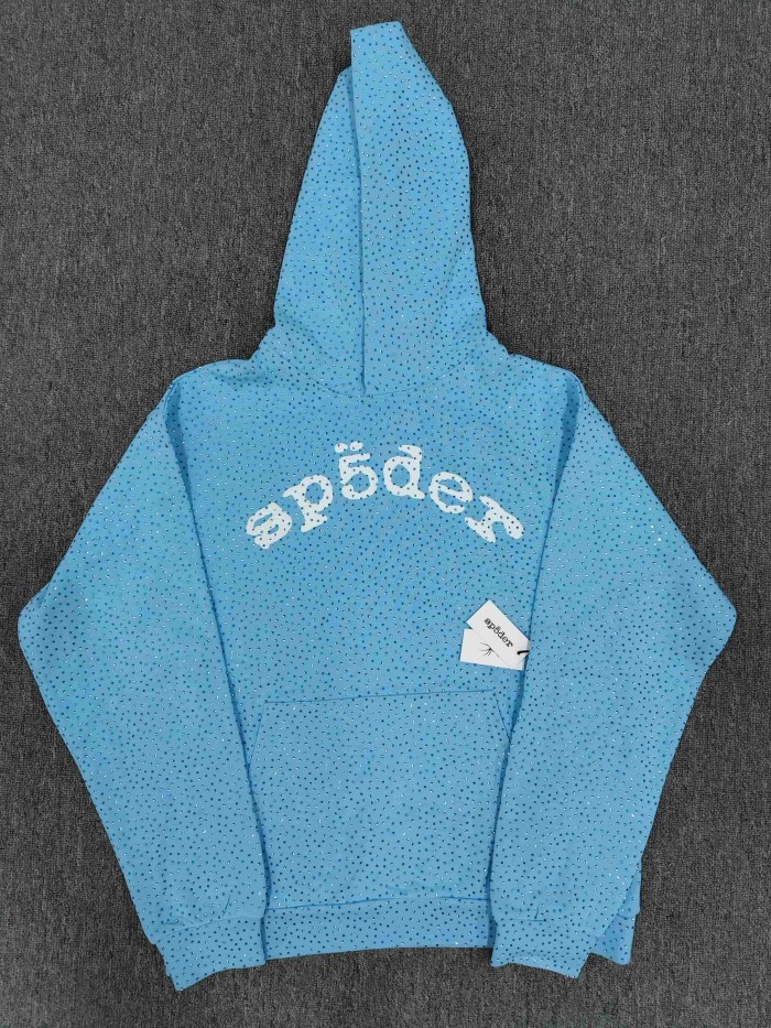 Sp5der 1:1 quality version Blue All Over Rhinestone Curved White Letter Print Hoodie & Pants Set 29487624
