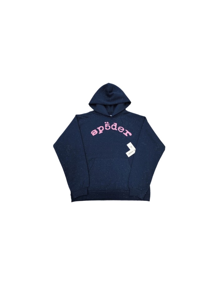 Sp5der 1:1 quality version All Over Star Hotfix Rhinestone Curved 3D Pink Letter Print Hoodie 29487469