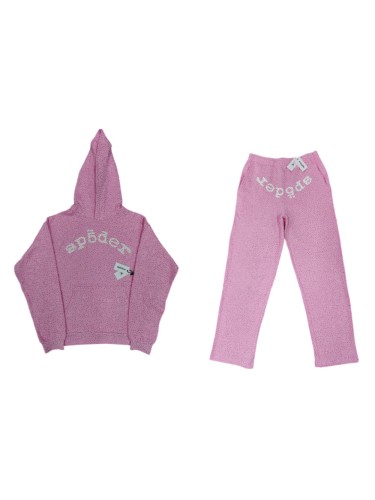 Sp5der 1:1 quality version Pink All Over Rhinestone Curved White Letter Print Hoodie & Pants Set 29487624