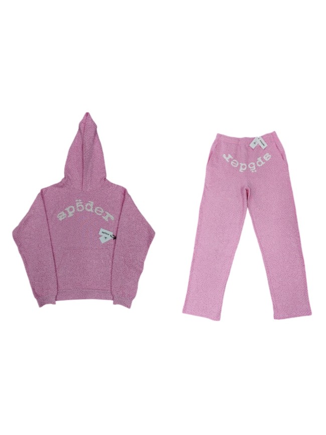 Sp5der 1:1 quality version Pink All Over Rhinestone Curved White Letter Print Hoodie & Pants Set 29487624