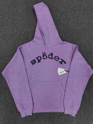 Sp5der 1:1 quality version Light Purple All Over Rhinestone Curved 3D Black Letter Print Hoodie 29487514