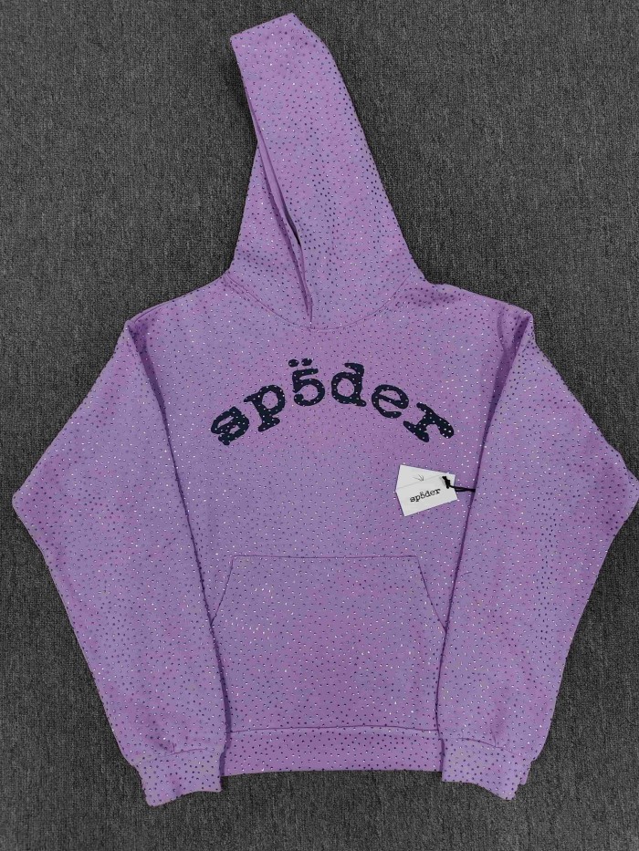 Sp5der 1:1 quality version Light Purple All Over Rhinestone Curved 3D Black Letter Print Hoodie 29487514