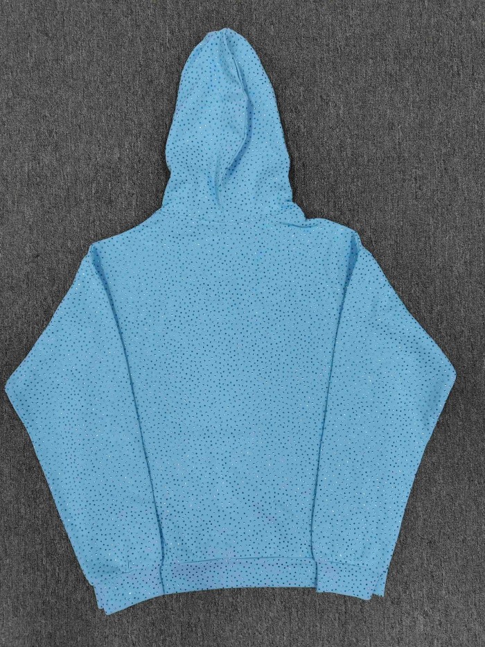 Sp5der 1:1 quality version Blue All Over Rhinestone Curved White Letter Print Hoodie & Pants Set 29487624