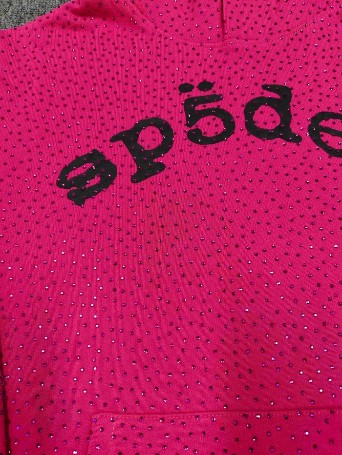 Sp5der 1:1 quality version All Over Hotfix Rhinestone Curved 3D Black Letter Print Hoodie 2 colors 29487449