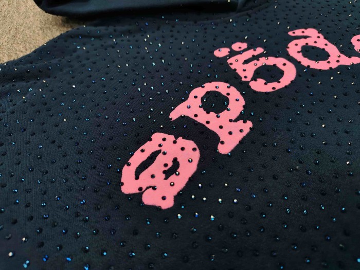 Sp5der 1:1 quality version All Over Star Hotfix Rhinestone Curved 3D Pink Letter Print Hoodie 29487469