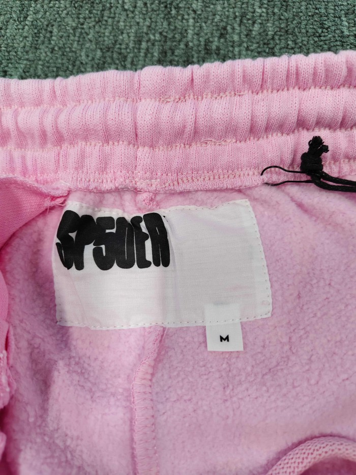Sp5der 1:1 quality version Pink All Over Rhinestone Curved White Letter Print Hoodie & Pants Set 29487624