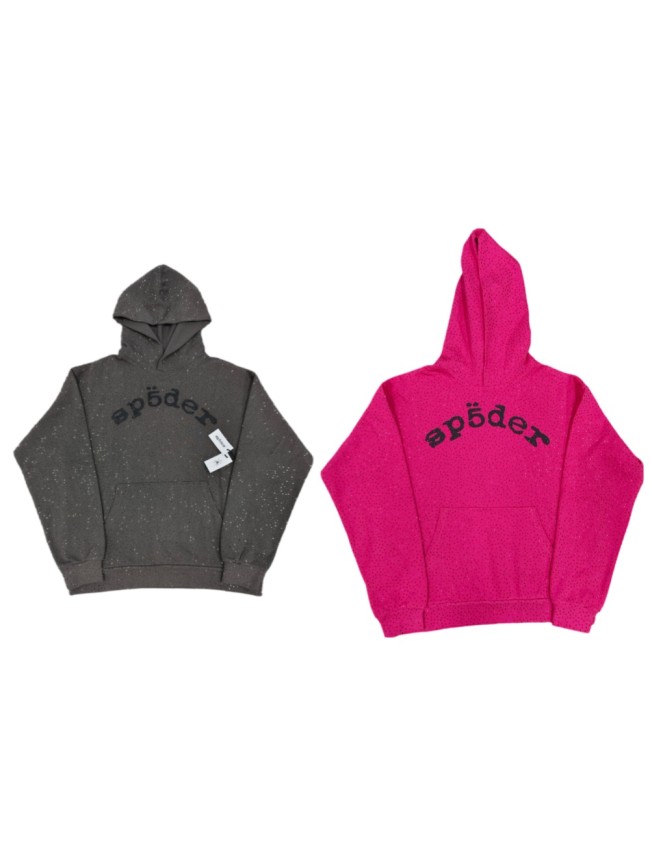 Sp5der 1:1 quality version All Over Hotfix Rhinestone Curved 3D Black Letter Print Hoodie 2 colors 29487449