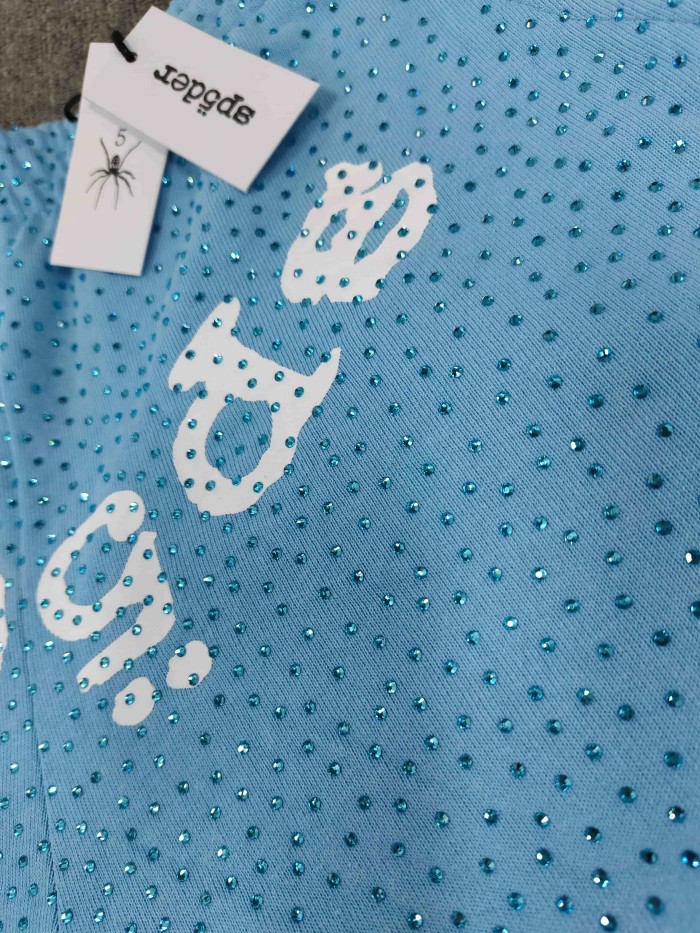 Sp5der 1:1 quality version Blue All Over Rhinestone Curved White Letter Print Hoodie & Pants Set 29487624