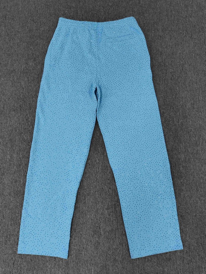 Sp5der 1:1 quality version Blue All Over Rhinestone Curved White Letter Print Hoodie & Pants Set 29487624