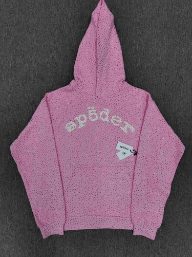 Sp5der 1:1 quality version Pink All Over Rhinestone Curved White Letter Print Hoodie & Pants Set 29487624