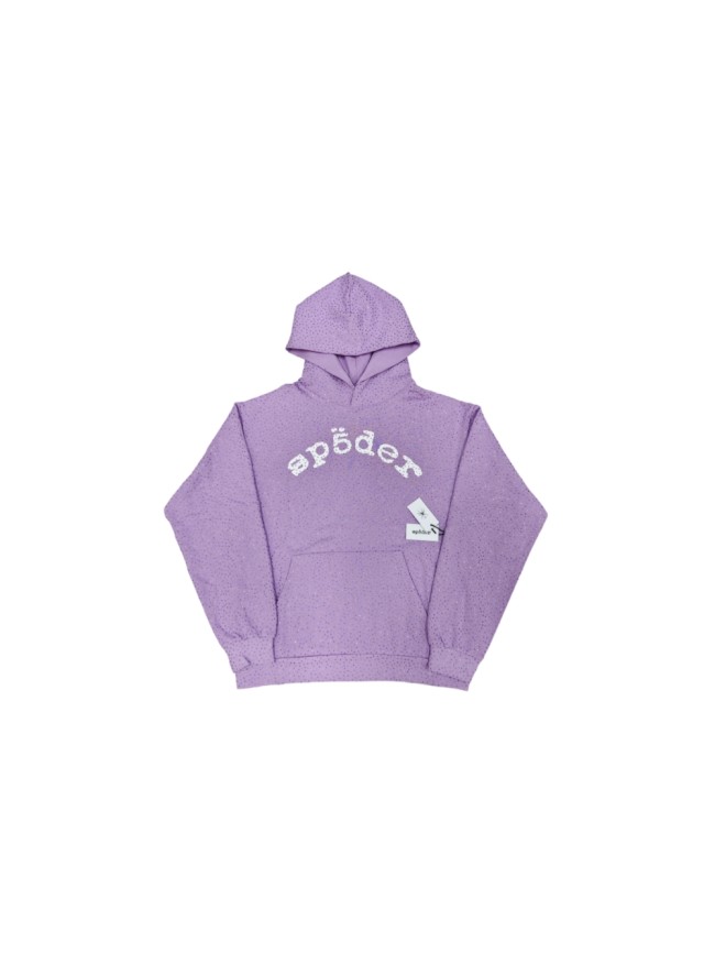 Sp5der 1:1 quality version Light Purple All Over Rhinestone Curved 3D White Letter Print Hoodie 29487510