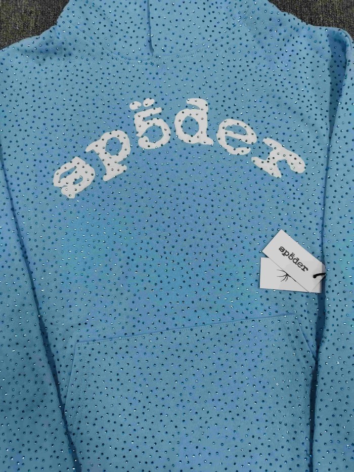 Sp5der 1:1 quality version Blue All Over Rhinestone Curved White Letter Print Hoodie & Pants Set 29487624