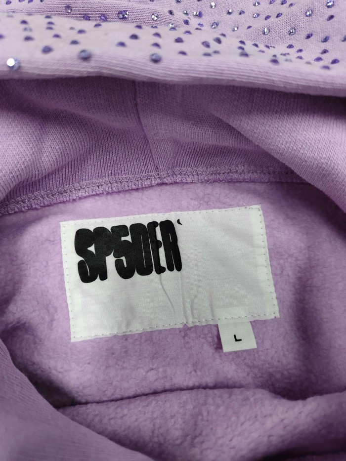 Sp5der 1:1 quality version Light Purple All Over Rhinestone Curved 3D White Letter Print Hoodie 29487510