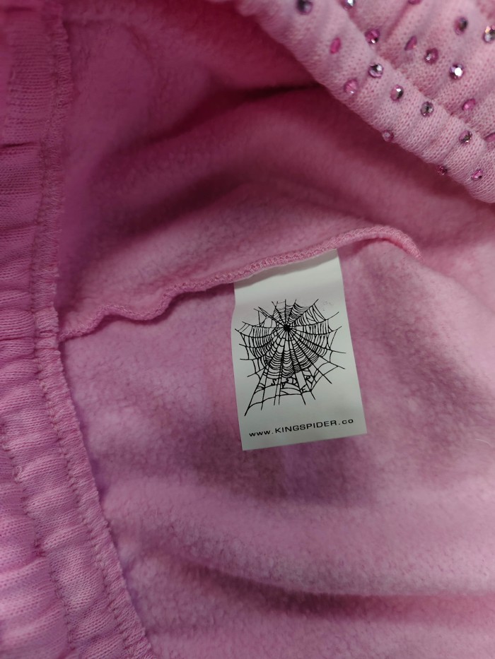 Sp5der 1:1 quality version Pink All Over Rhinestone Curved White Letter Print Hoodie & Pants Set 29487624