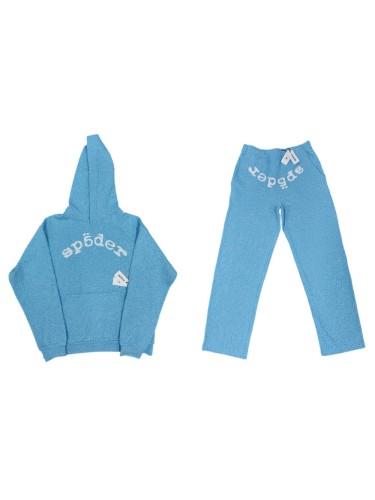 Sp5der 1:1 quality version Blue All Over Rhinestone Curved White Letter Print Hoodie & Pants Set 29487624