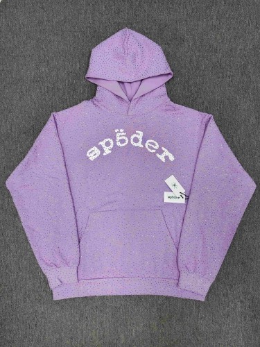 Sp5der 1:1 quality version Light Purple All Over Rhinestone Curved 3D White Letter Print Hoodie 29487510
