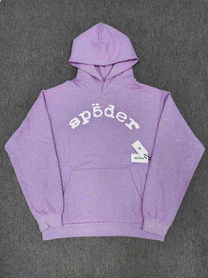 Sp5der 1:1 quality version Light Purple All Over Rhinestone Curved 3D White Letter Print Hoodie 29487510