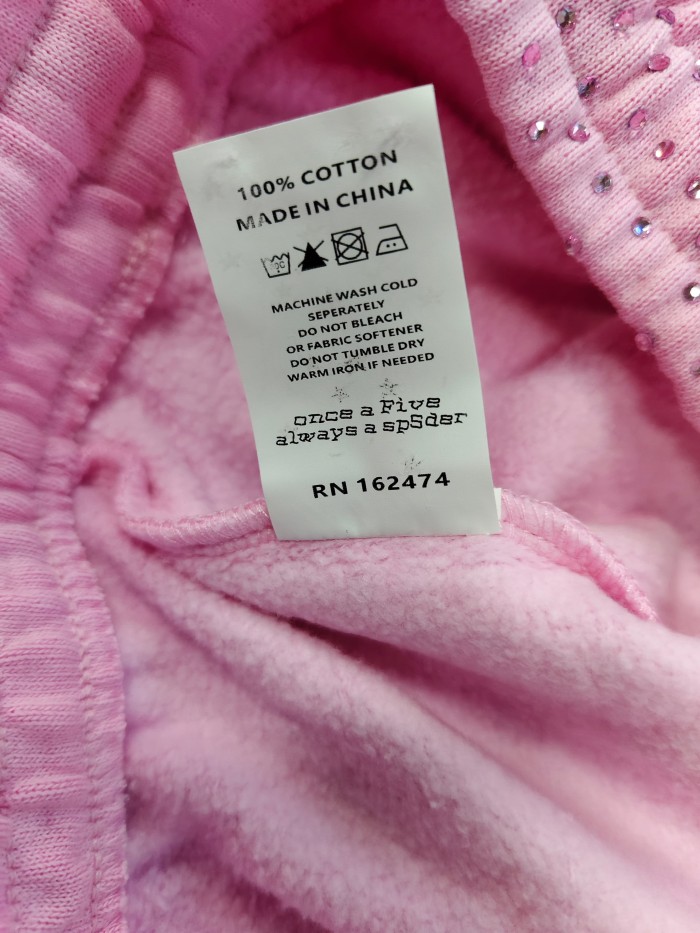 Sp5der 1:1 quality version Pink All Over Rhinestone Curved White Letter Print Hoodie & Pants Set 29487624