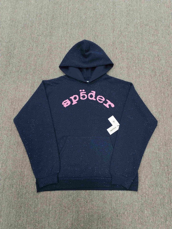 Sp5der 1:1 quality version All Over Star Hotfix Rhinestone Curved 3D Pink Letter Print Hoodie 29487469