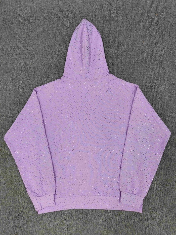 Sp5der 1:1 quality version Light Purple All Over Rhinestone Curved 3D White Letter Print Hoodie 29487510