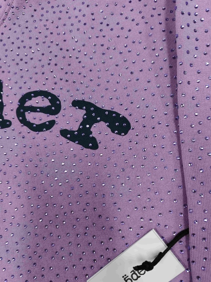Sp5der 1:1 quality version Light Purple All Over Rhinestone Curved 3D Black Letter Print Hoodie 29487514