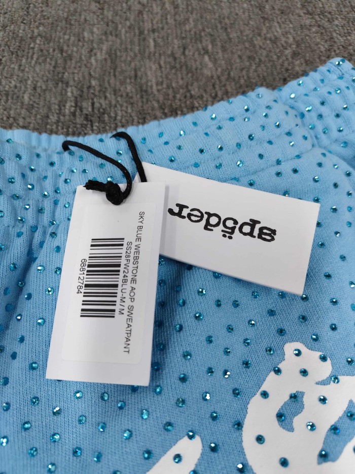 Sp5der 1:1 quality version Blue All Over Rhinestone Curved White Letter Print Hoodie & Pants Set 29487624