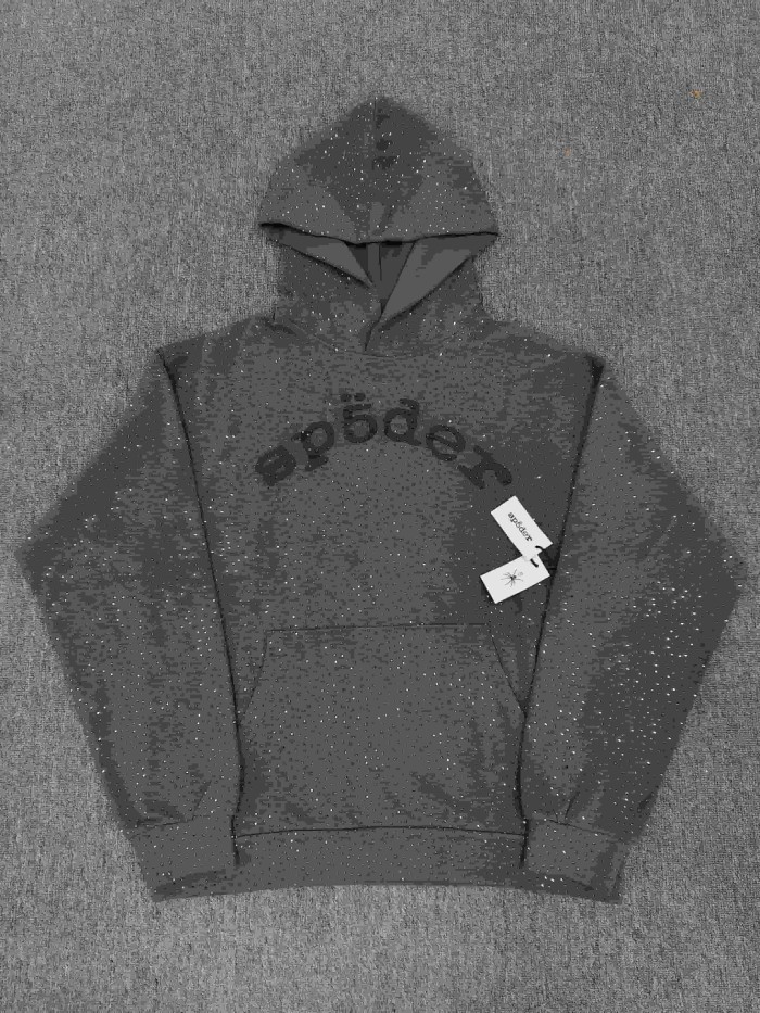 Sp5der 1:1 quality version All Over Hotfix Rhinestone Curved 3D Black Letter Print Hoodie 2 colors 29487449