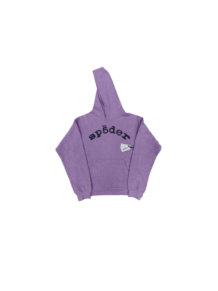 Sp5der 1:1 quality version Light Purple All Over Rhinestone Curved 3D Black Letter Print Hoodie 29487514