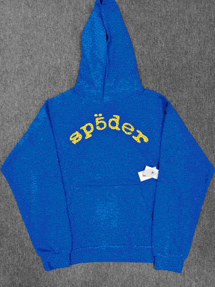 Sp5der 1:1 quality version All Over Star Hotfix Rhinestone Curved 3D Yellow Letter Print Hoodie 29487464
