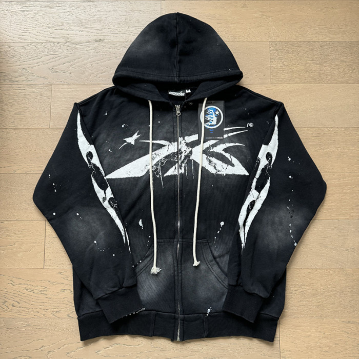 [50% Off]Hellstar Studio Logo Printed Washed and Inked Zipper Hoodie 27575188