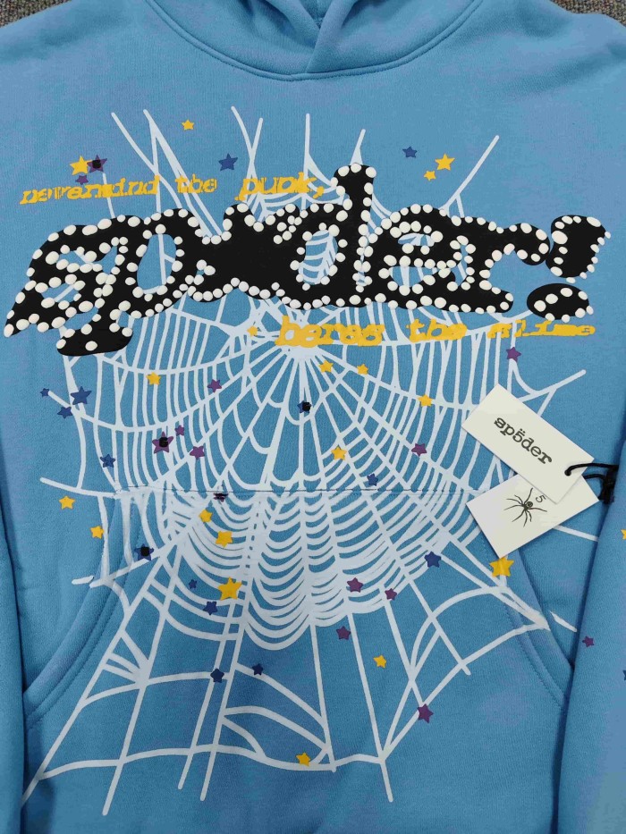 Sp5der Spider Web Puff Letter Scattered Colorful Star Print Hoodie 6 colors 29488674