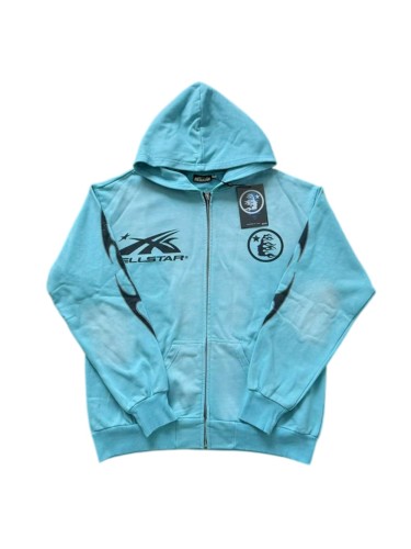 [50% Off]Hellstar Studio Washed Blue Chest Double Logo Zipper hoodie 27475544