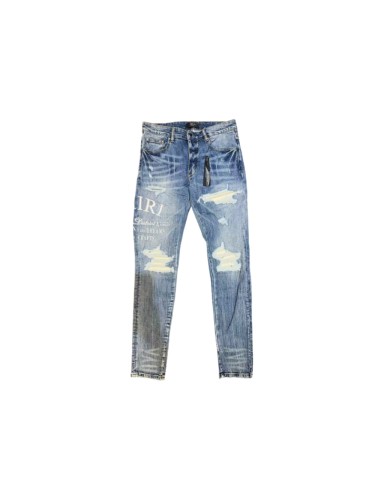 Amiri 1:1 quality version Vintage Blue Washed Distressed Puff Letter Slogan Skinny Jeans 29491557