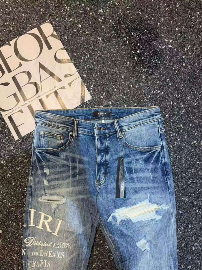 Amiri 1:1 quality version Vintage Blue Washed Distressed Puff Letter Slogan Skinny Jeans 29491557