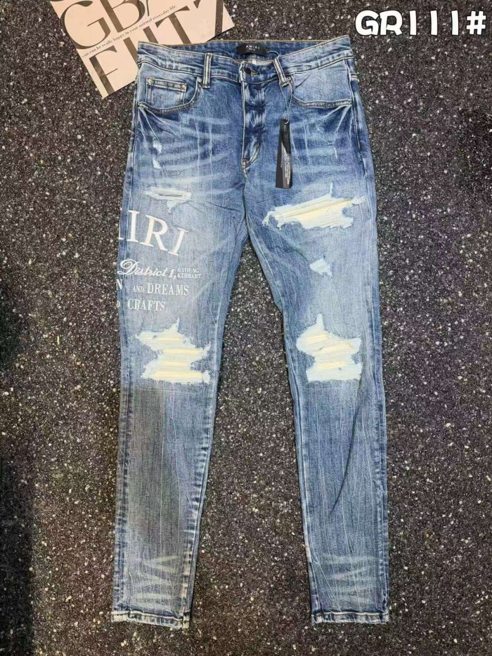 Amiri 1:1 quality version Vintage Blue Washed Distressed Puff Letter Slogan Skinny Jeans 29491557