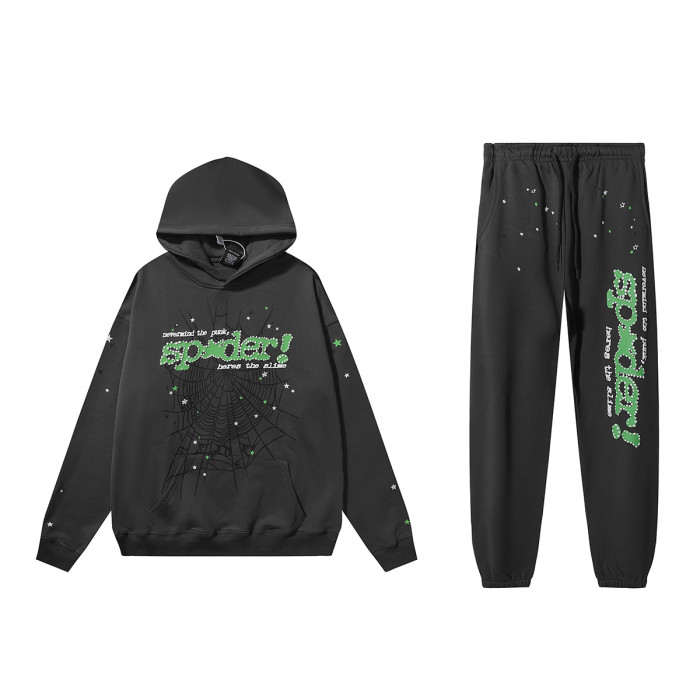 [50% Off]Sp5der Green Alphabet White Foam Embellished Hoodie & Pants Set 27646416