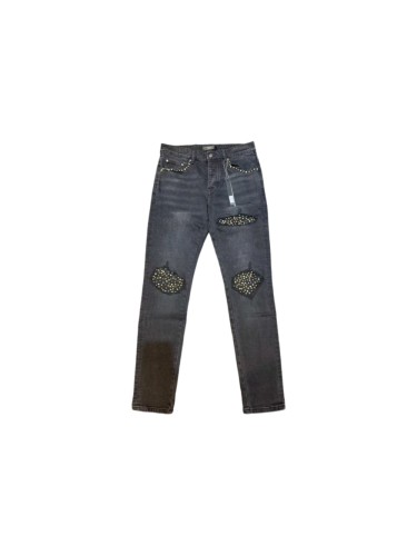 Amiri 1:1 quality version Vintage Charcoal Washed Studded Rip Repair Skinny Jeans 29491514