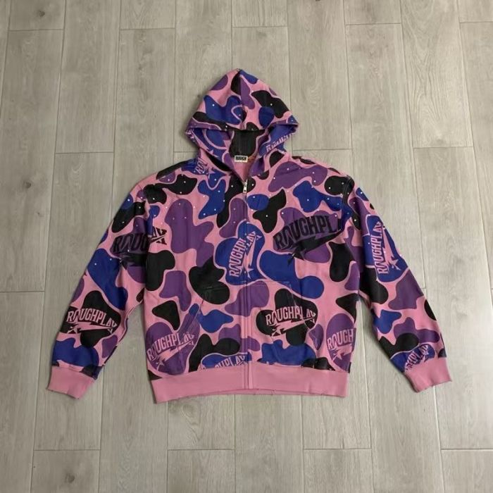 RoughPlay Pink Purple Color Block Camouflage Rhinestone Ripped Zip Up Hoodie 29493607