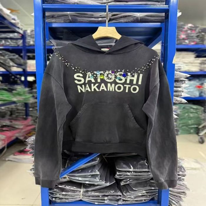 Satoshi Nakamoto Colorful Rhinestone Rivet Letter Print Cropped Loose Hoodie 2 colors 29493456